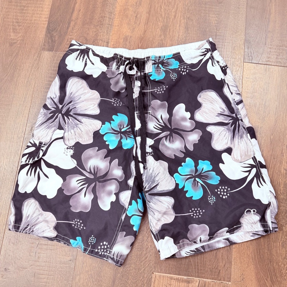 Ocean Pacific OP Mens M 32-34 Black Blue Hibiscus Floral Board Shorts Swim Surf